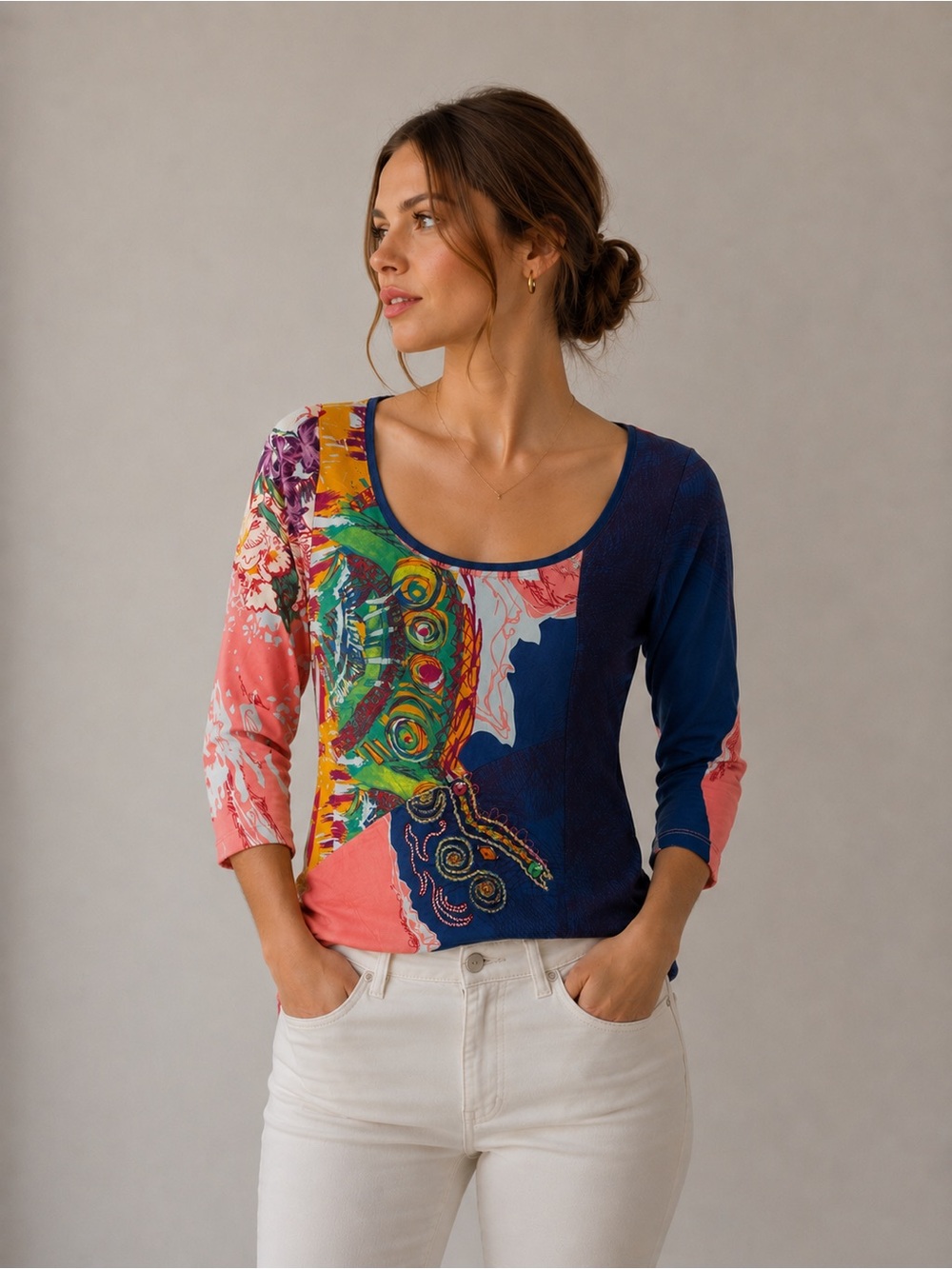 Save the queen artsy Multicolor Scoop Neck Printed Top embroidered art to wear